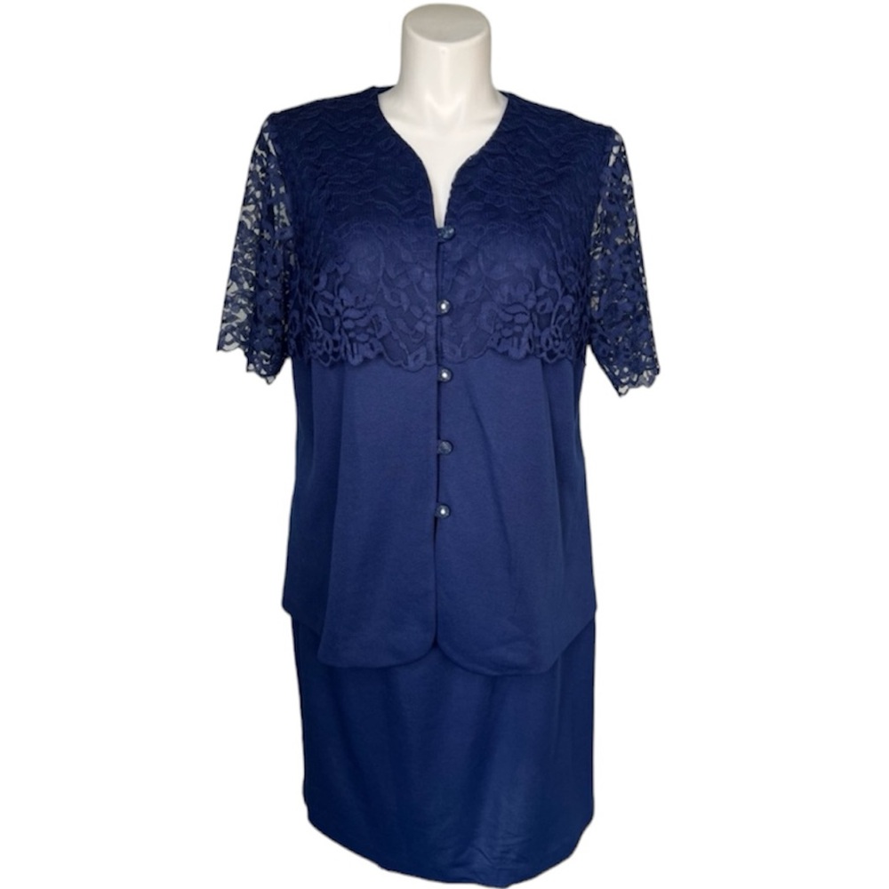 Sag Harbor Vintage Navy Blue Floral Half Lace Top 5 button Sz18 Suit Skirts Set